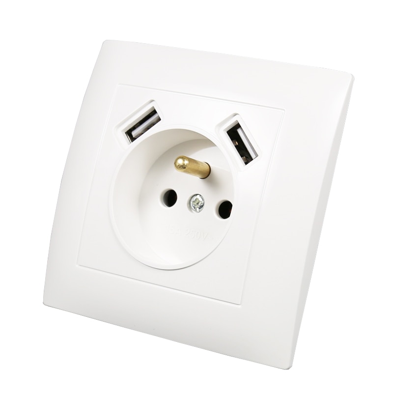 USB Wall French Socket Double USB Port 5V 2A USB LC-19 One Socket White With Ground Wall Electronic Socket