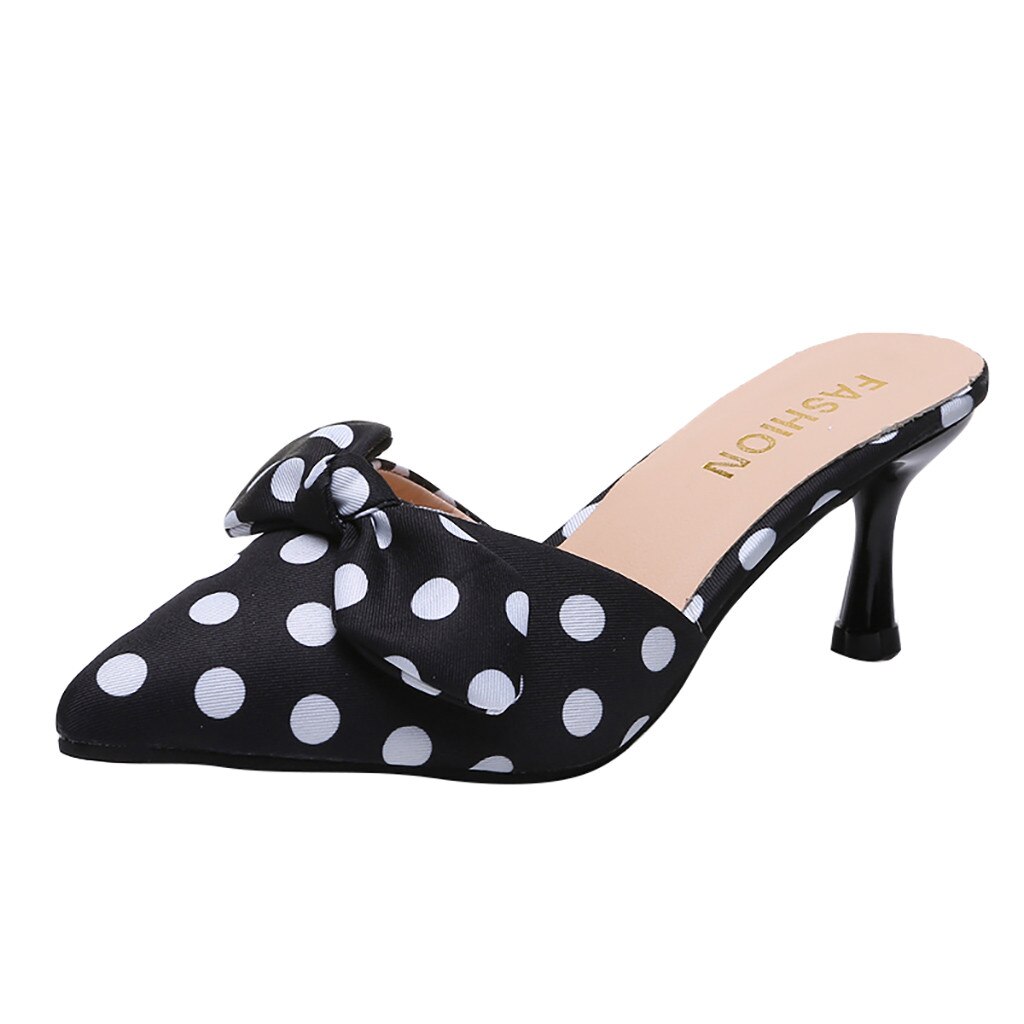 Sandalias de tacón fino de verano con estampado de lunares con nudo de mariposa, zapatos de punta estrecha para mujer: Black / 40