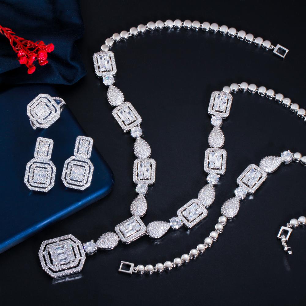 Cwwzircons 4 Pcs Luxe Witte Kubieke Zirkoon Vrouwen Bruiloft Kostuum Sieraden Sets Voor Bruiden Dubai Goud Kleur Party Accessoires T483