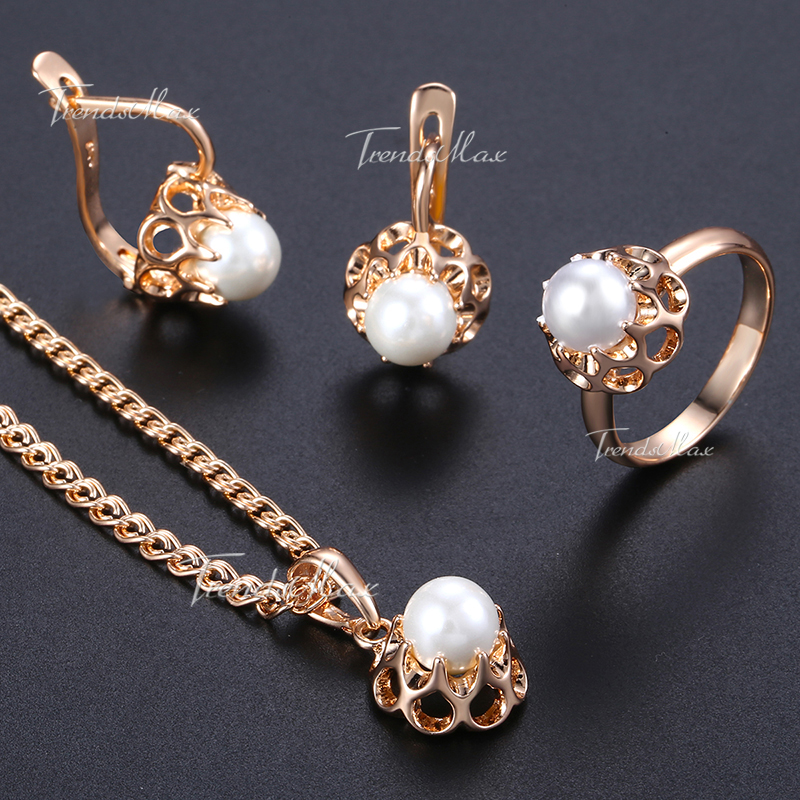 Ohrringe Ring Pendent Halskette einstellen Für Frauen Perle Perle Ball Rose Gold Gefüllt Simulierte Perle Perle Ball 585 Schmuck setzt GE142