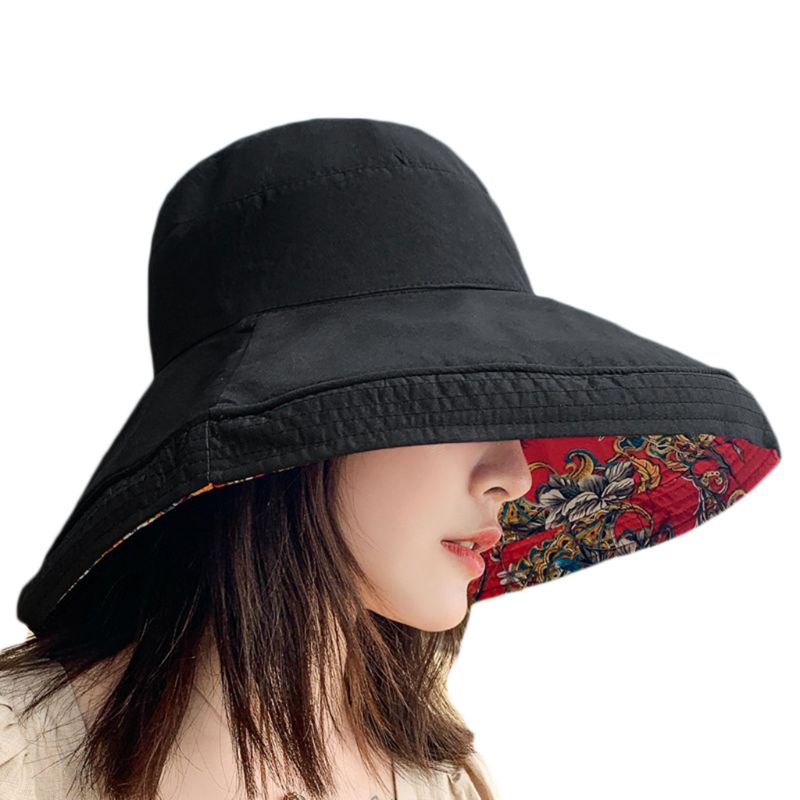 Women Boho Ethnic Floral Reversible Sun Hat Large Wide Brim UV Protection Foldable Floppy Beach Cap with Chin Strap: Black