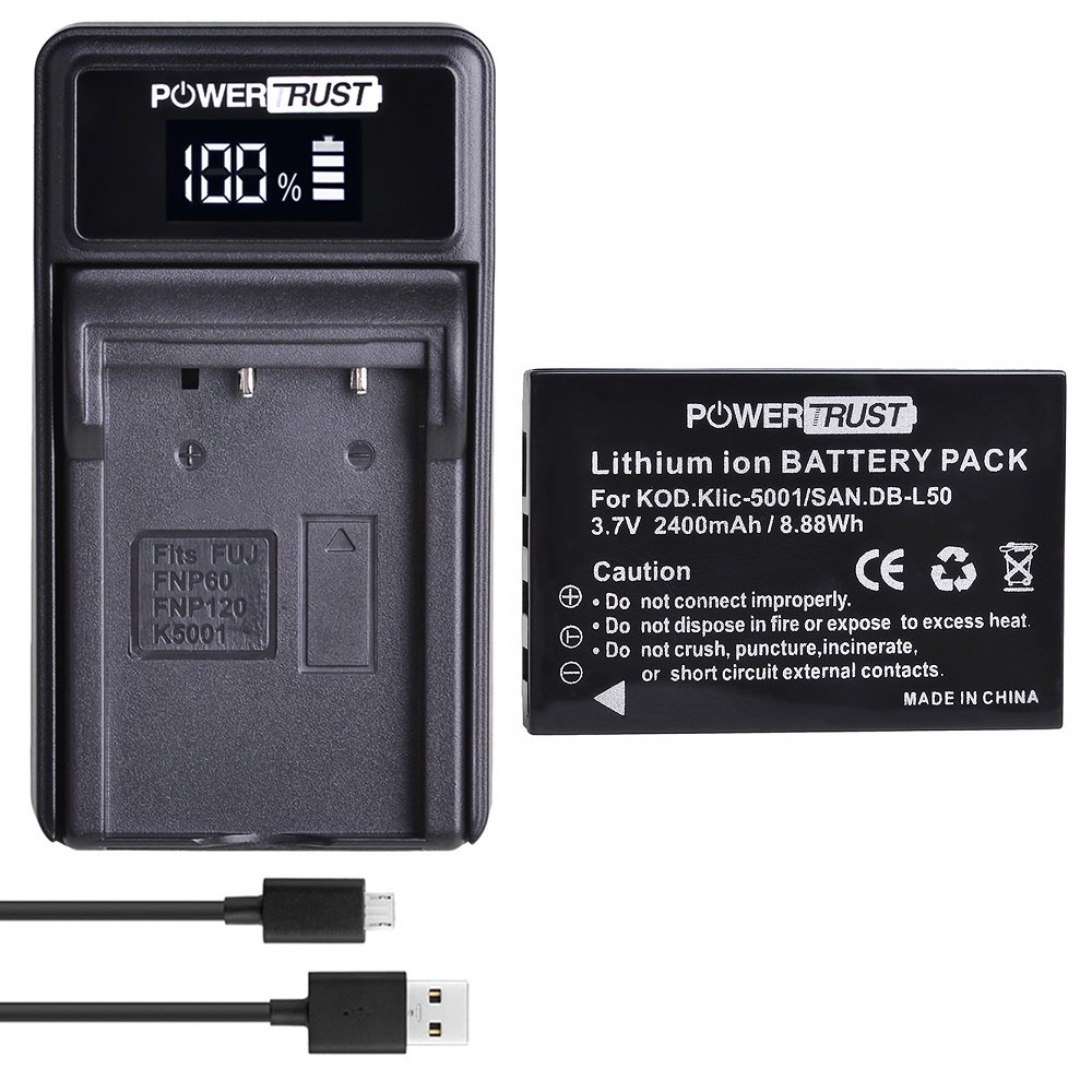 KLIC-5001/ DB-L50 Battery + Charger for Kodak KLIC-5001,P850 Z760 DX7590 DX7630, Sanyo DB-L50,DMX-FH1 FH11 HD1000 HD2000 Camera: 1 Pack Kit