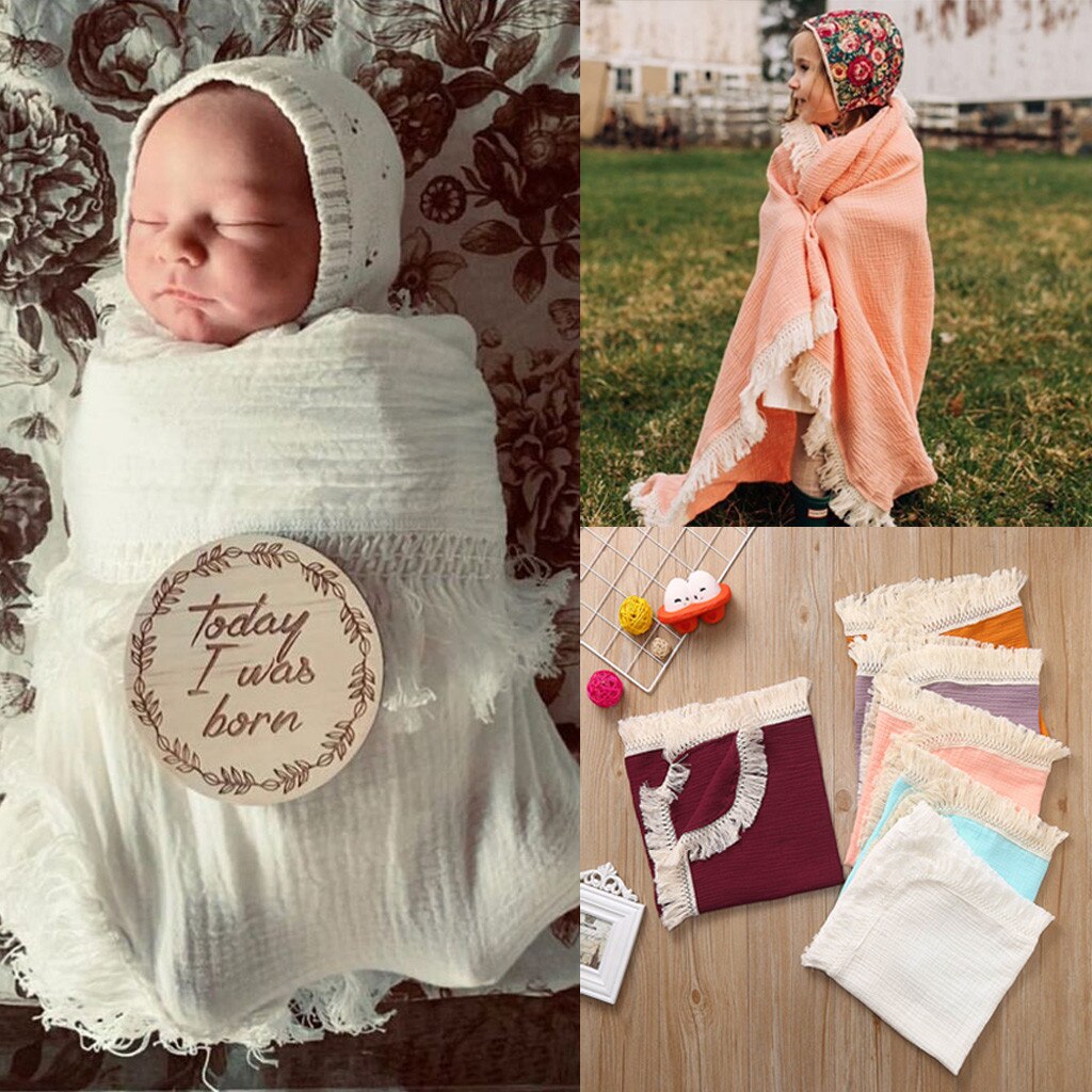 Mousseline Baby Dekens Pasgeboren Solid Tassel Baby Inbakeren Deken Deken Inbakeren Katoenen Baby Fotografie Accessoires