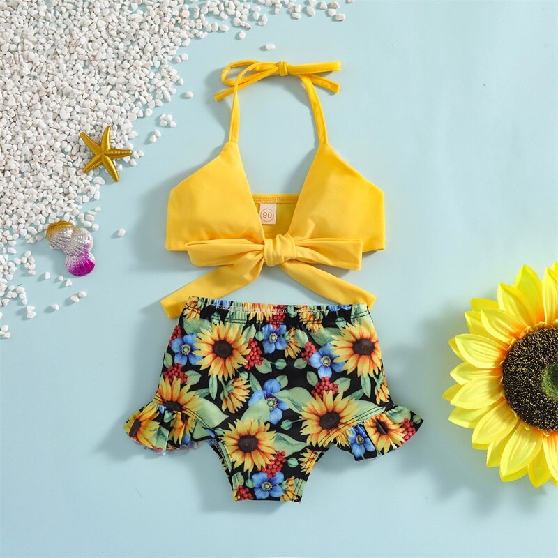 1-5Y Girls Swimwear Kids Bikini Sets 2022 Summer Halter Bowknot Floral Ruffle Two Piece Swimsuit Baby Bathing Suits Beachwear