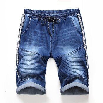 Men's Side pocket Bermuda Denim Short Men Summer Streetwear Hip hop Elastic waist Loose Cargo jeans shorts: B912 blue / S