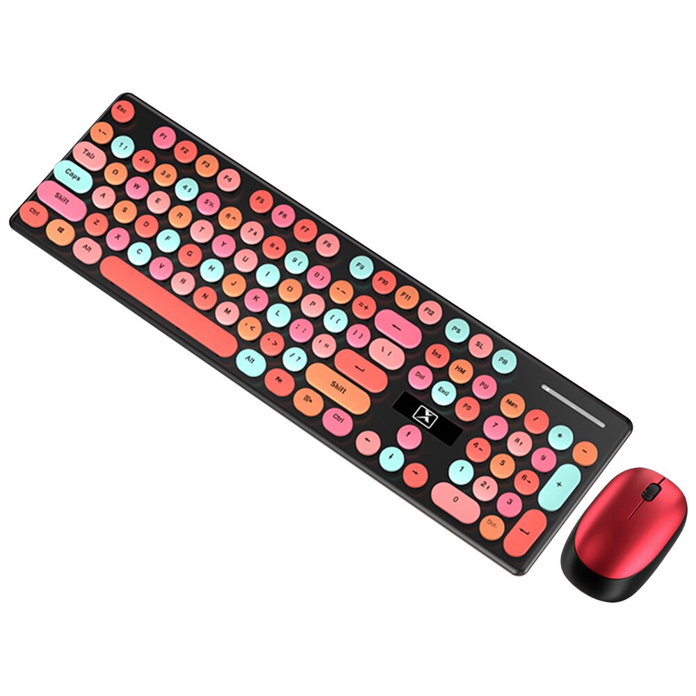 For Laptop Keyboard Mouse Combo Mute 2.4G Wireless Desktop PC Office Work Full Size Non Slip Portable Computer Cute Round Home: Red