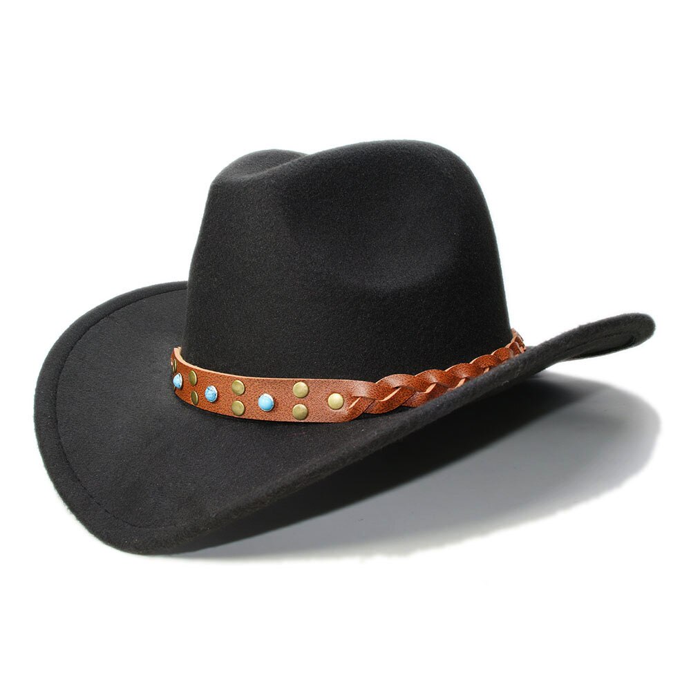 LUCKYLIANJI Womem Men Female Male's Wool Felt Western Cowboy Hat Wide Brim Cowgirl Braid Leather Band (One Size:57cm): Black