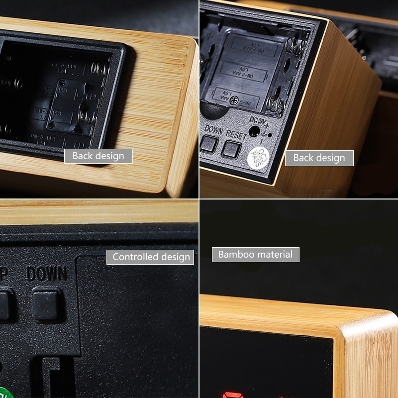100%  bambus digitalt vækkeur justerbar lysstyrke stemmestyring skrivebord stort display tid temperatur usb/batteridrevet
