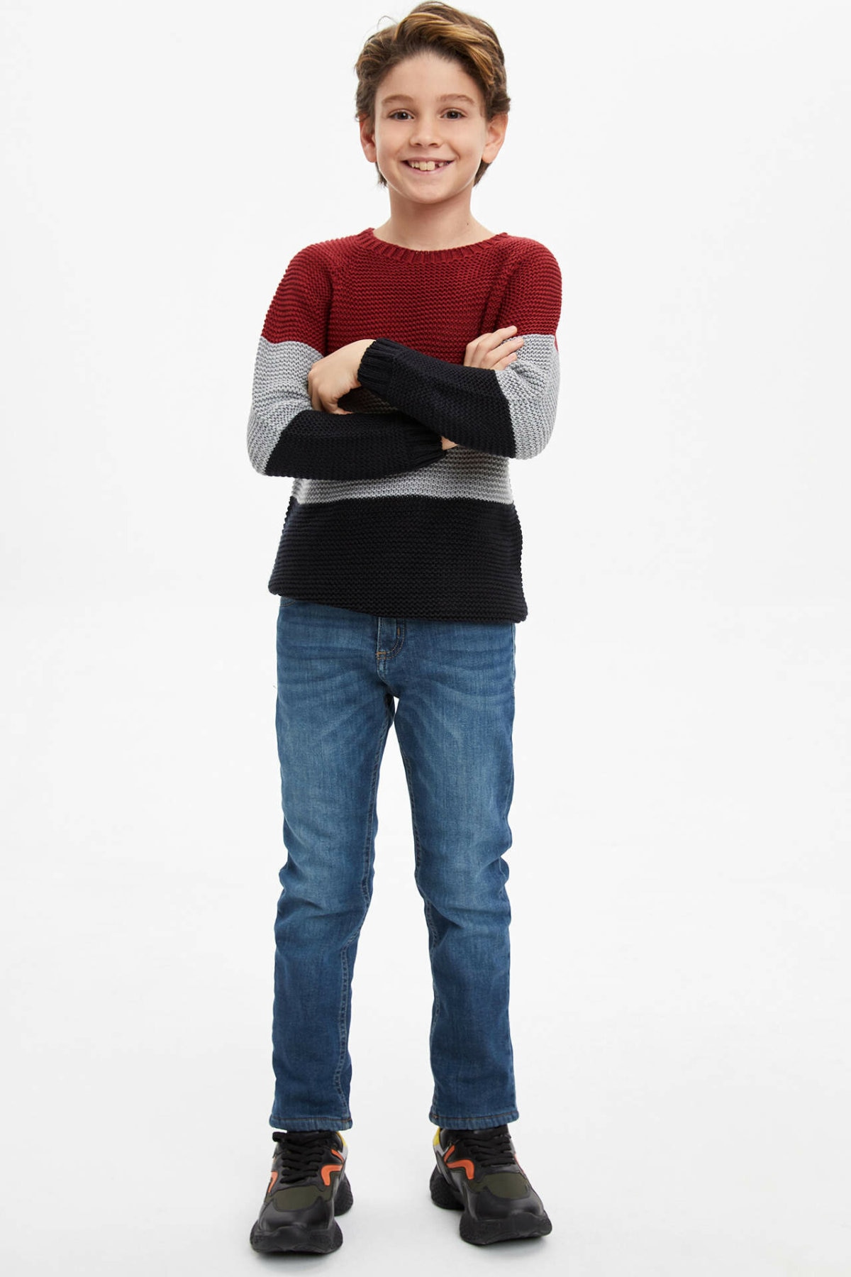 DeFacto Boy O-neck Pullover Kids Casual Striped Long Sleeves Tops Boys Comfort Loose Sweater Autumn - L0522A619WN