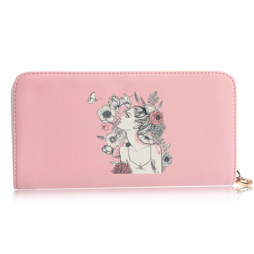 Casual Women Wallets Long Style Cartoon Woman Printing Pattern Female Card Holder Zipper Coin Purses Carteira Feminina: J pink