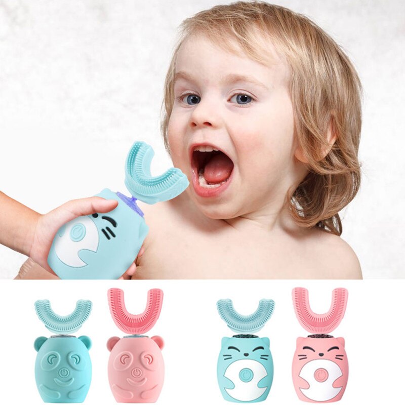 Brosse à dents électrique ultrasonique automatique en silicone, 360, pour enfants, brosse à dents en forme de U, intelligente, mignonne, dessin animé