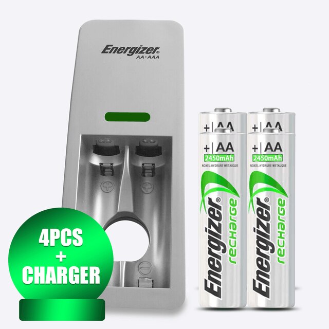 Energizer 1.2V 2450mAh AA NI-MH NIMH Rechargeable Battery For Camera Toy Mouse Flashlight MP3 Remote Control+2 Slots USB Charger: 4PCS