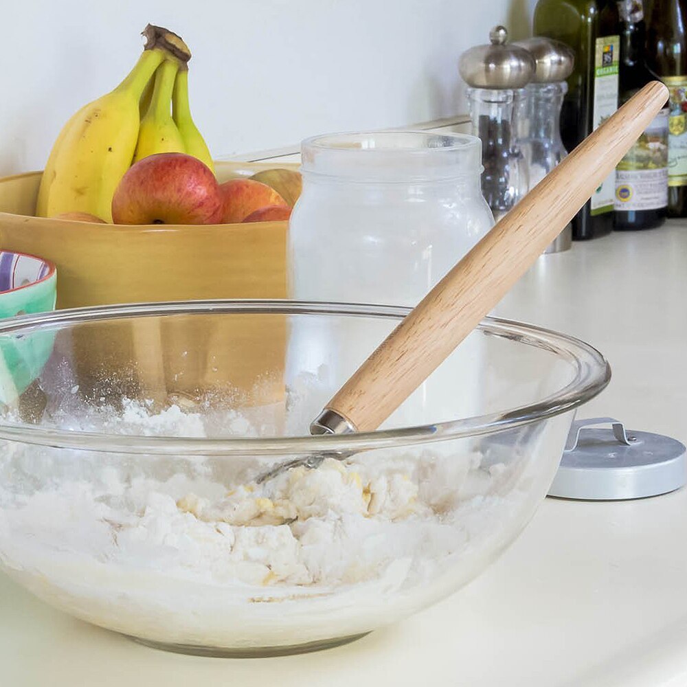 Stainless Steel Egg Beater Flour Coil Agitator Danish Whisk Stick Oak Wood Handle Blender DIY Bread Dough Bakeware Gadget