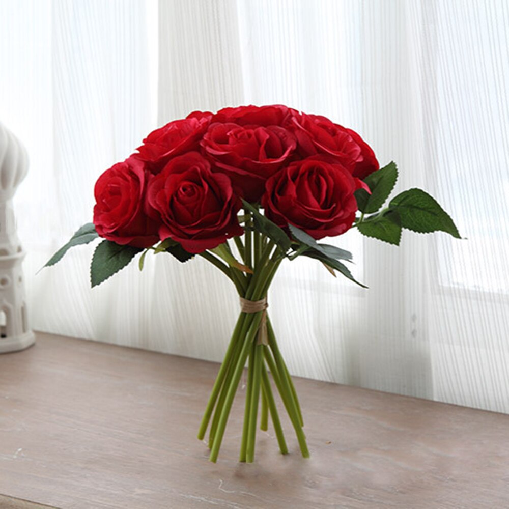 1 Boeket 10 Pcs Kunstmatige Red Rose Heads Bloem Bruiloft Bruids Zijde Boeket Verjaardagsfeestje Valentijnsdag Woondecoratie