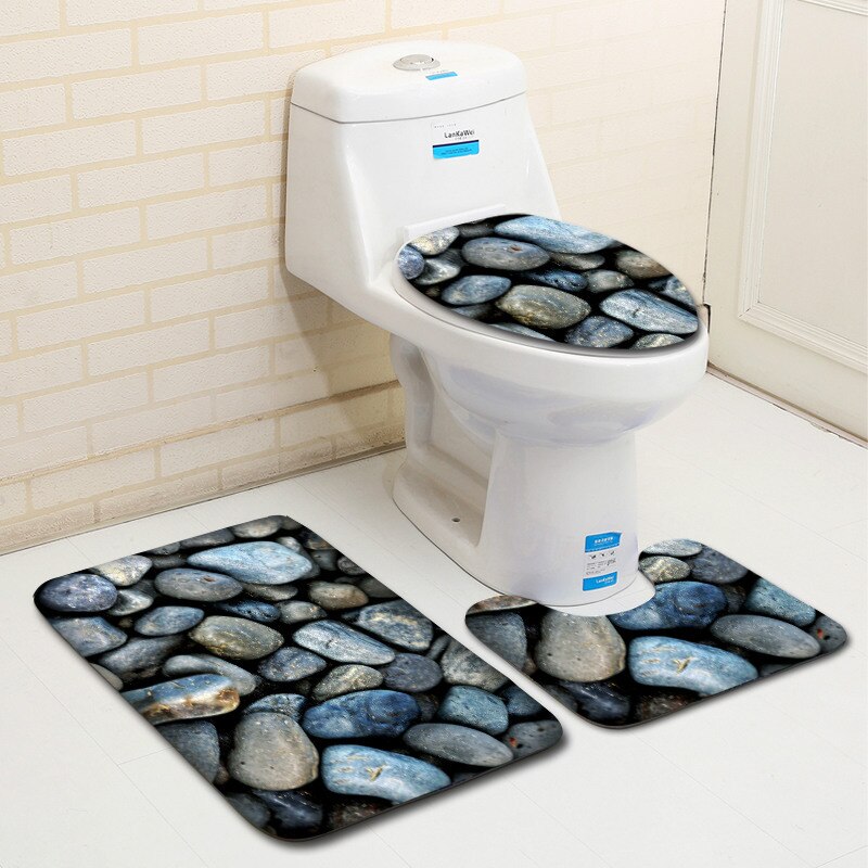 3 Piece Set Stone Printing Bath Mat Set Anti Slip Carpet Doormat Bathroom Cover Toilet Seat Mat Bath Rug Accessories for Toilet