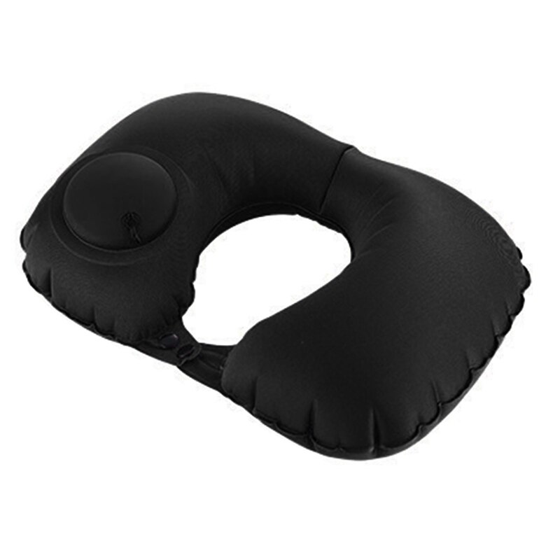 U-vormig kussen, draagbaar, automatisch opblaasbaar kussen, flocking u-kussen, opblaasbaar u-kussen met duwmechanisme ,  c44: Zwart