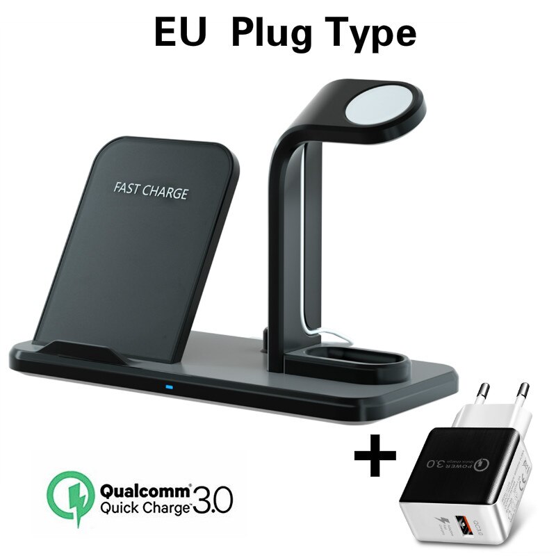 3- i -1 trådløs opladerstander til airpods pro apple watch ladedockingstation til apple watch series 5/4/3/2 iphone 11 x xs  xr 8: Sort eu