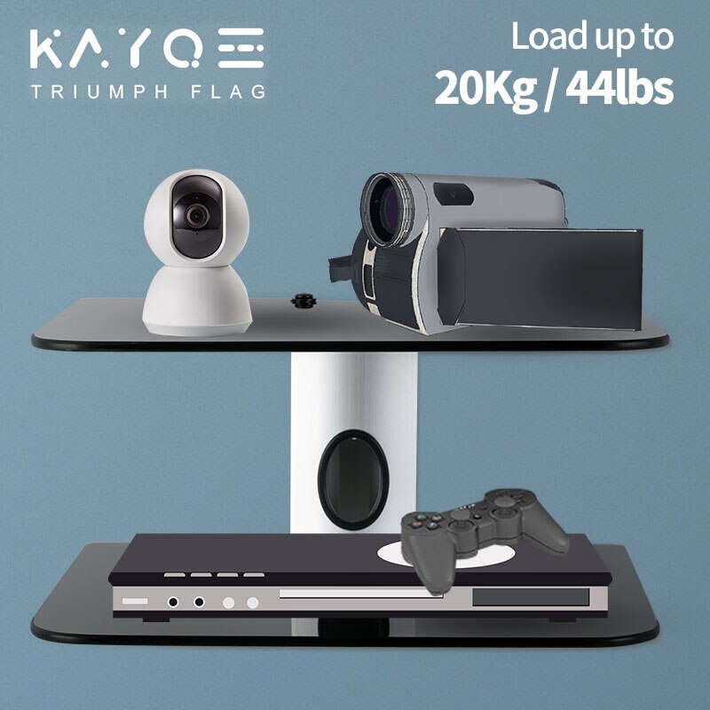 2Tiers AV Shelf Stand for AV Receiver Set-top Boxes Black DVD Wall Hanging Bracket Maximum Load Capacity 80kg High Temp Glass