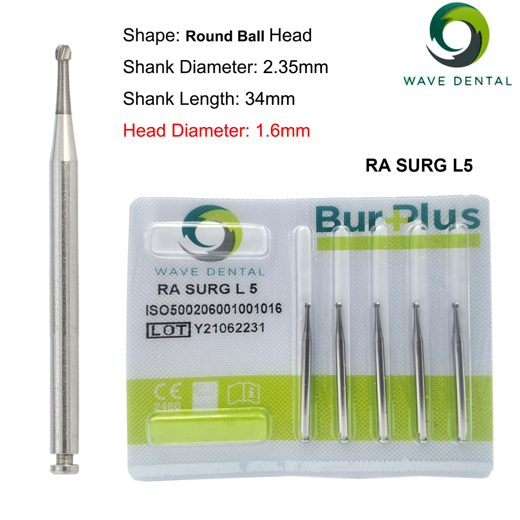 Fresas de carburo de tungsteno Dental WAVE, taladro Dental de cabeza redonda, fresas de implante RA SURG para pieza de mano de baja velocidad, herramientas de dentista, 5 unids/pack: Plata