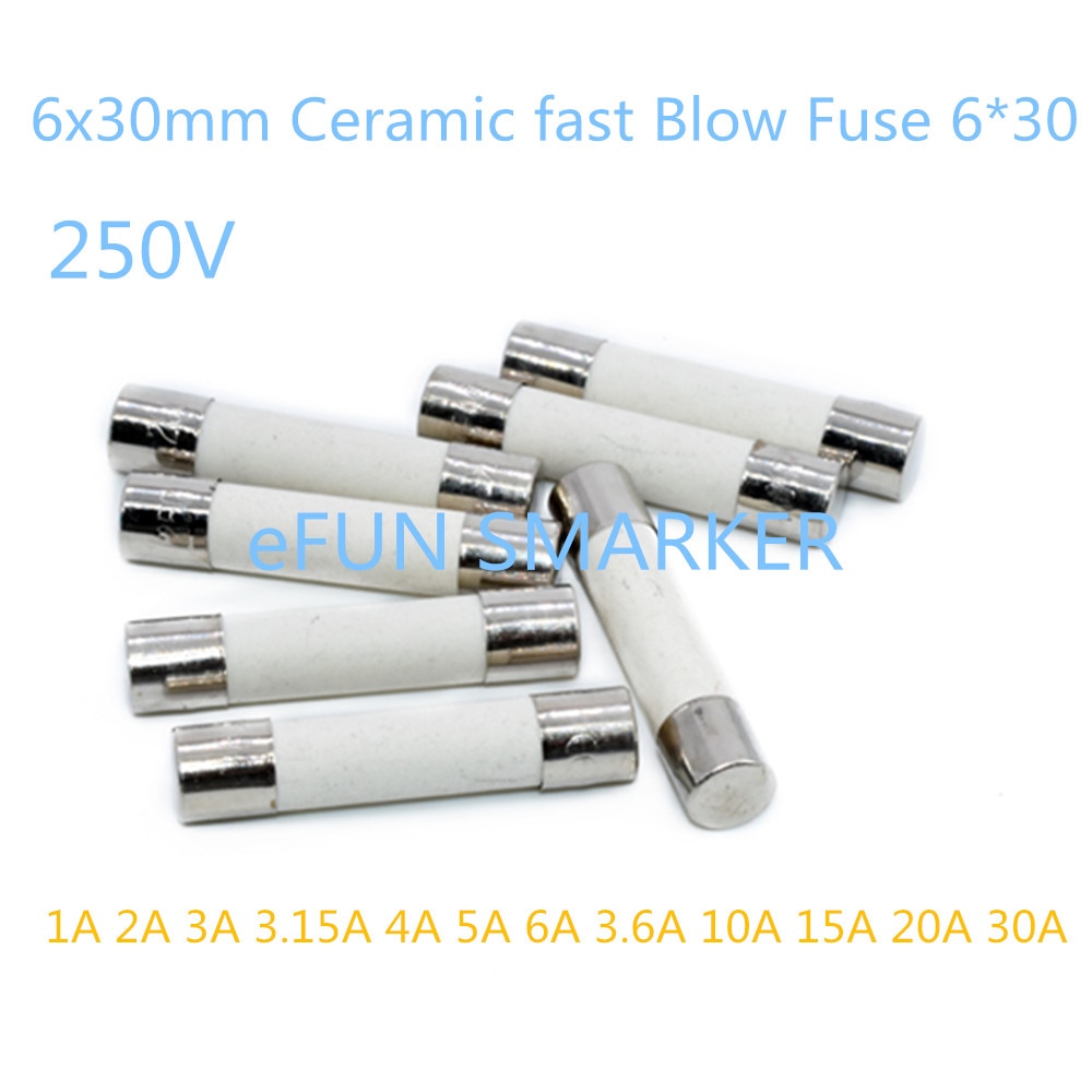 Fusible à soufflage rapide en céramique, 6x30mm, 6x30, 0,5a, 1a, 1,5 a, 2a, 5a, 3a, 3,15a, 4A, 5A, 6A, 7A, 8A, 10A, 12A, 15A, 20A, 25A, 30A, 250v