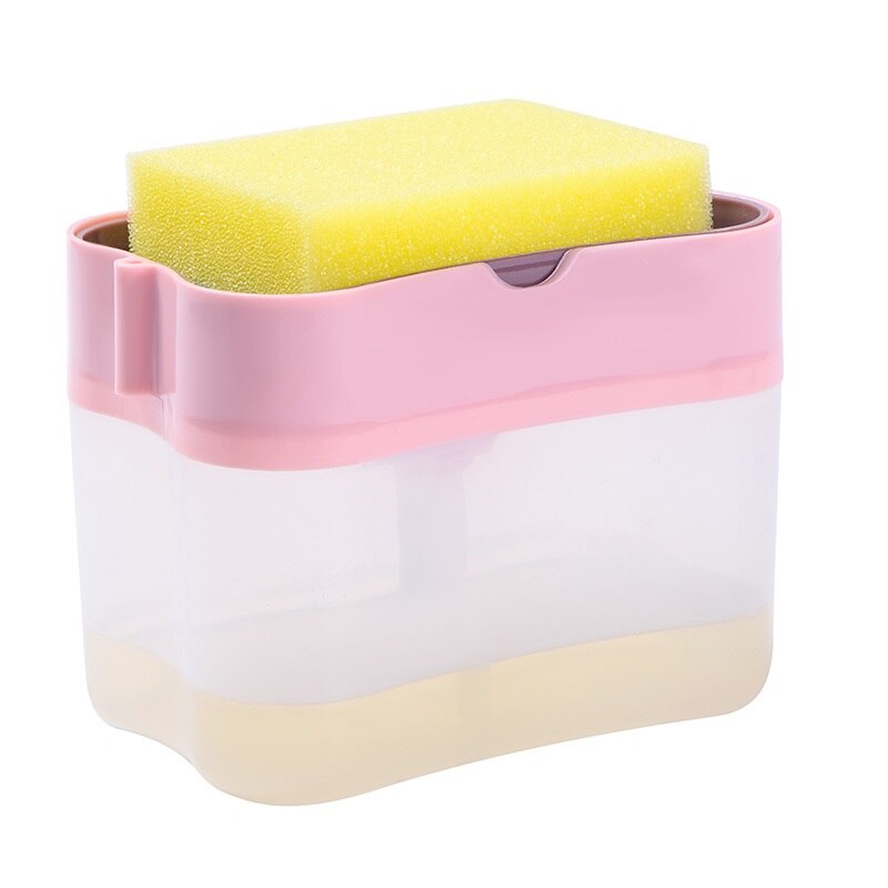 Distributeur de savon pompe avec éponge manuel presse nettoyage liquide distributeur conteneur manuel presse savon organisateur cuisine outil #25: B-Pink