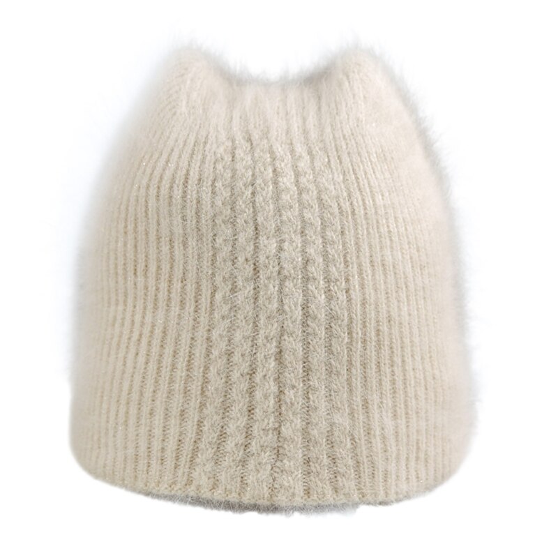 Gorro de lana de imitación con orejas de gatito para mujer, gorro de lana de imitación con orejas de gato, cálido, Color sólido: Beige