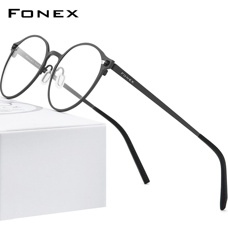 FONEX-gafas graduadas redondas para hombre y mujer, lentes ópticas sin tornillo con montura de titanio puro,: Negro