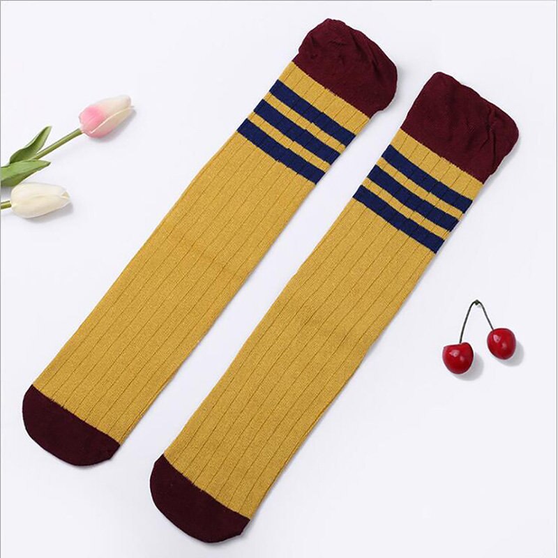 Kids Baby Girls Stockings Soft Cotton children's kittens striped Stockings girl students thigh Knee socking half Heap socks: Yellow