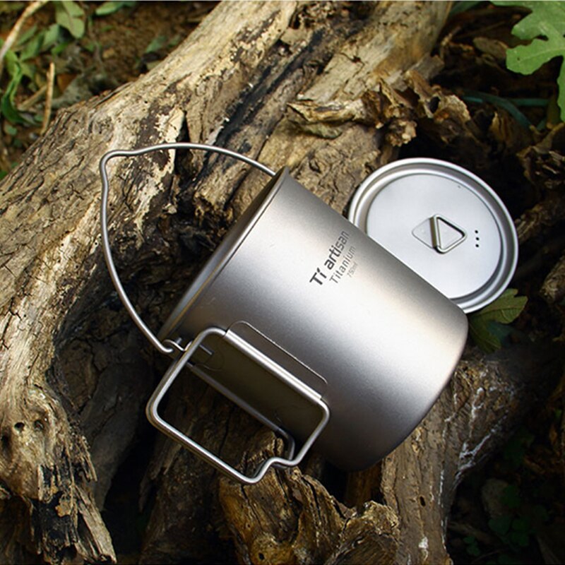 Tiartisan 750ml titanium hängande kastrull med lock hopfällbart handtag utomhus camping drickskopp för picknick bestick köksredskap  ta8315- bh
