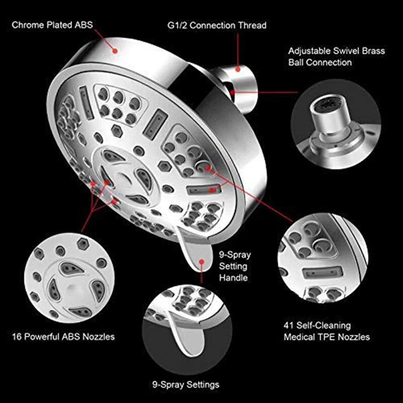 High Pressure Fixed Shower Head Upgraded 9 Functions Adjustable Bathroom Showerhead Multi-Functional Wall Mount Fixed Shower Hea