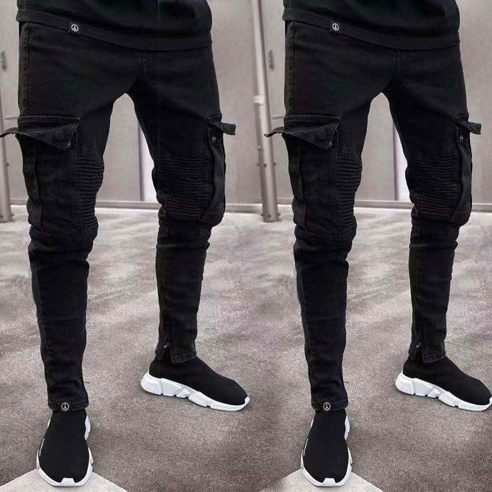 Black Jean Men Denim Skinny Biker Jeans Destroyed Frayed Slim Fit Pocket Cargo Pencil Pants Plus Size S-3XL