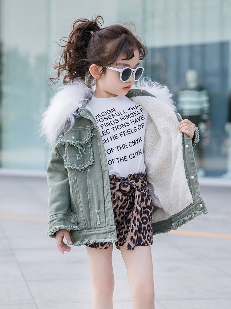 Kinderen meisjes bontkraag capuchon plus fluwelen jassen winter warme jassen kinderen dikke bovenkleding tiener tops 4-16y w1176