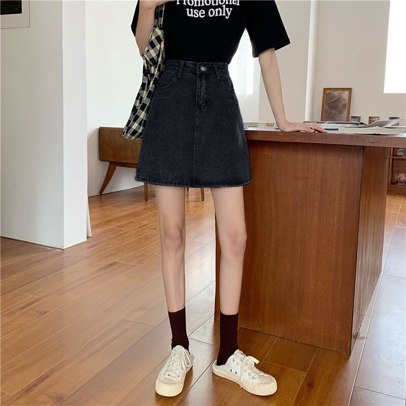 Faldas vaqueras de estilo coreano para mujer, faldas de corte en A, de sólido que combina con todo, bolsillos, cintura alta diaria Simple, informal de verano