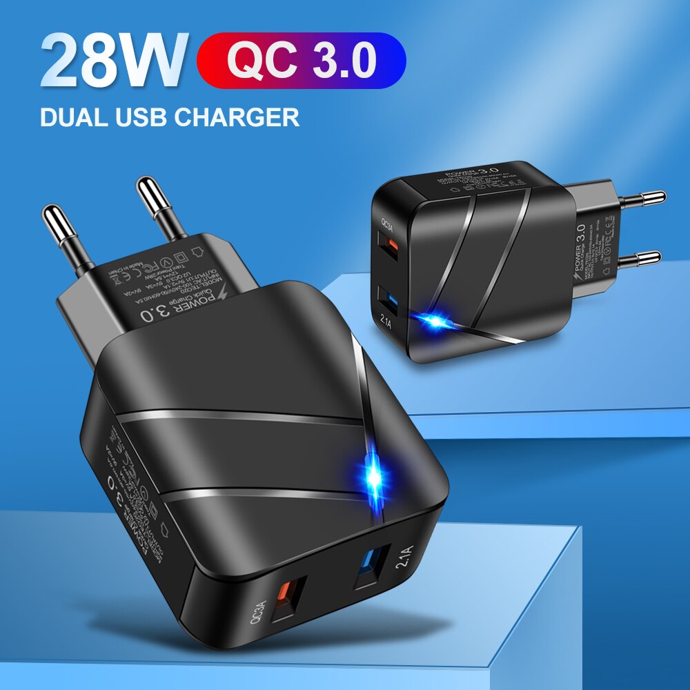 Adaptador de cargador USB QC 3,0, 5V, 2A, 28W, Cargador rápido, 2 puertos USB, adaptador Universal de viaje de carga rápida iluminado, enchufe de pared para UE y EE. UU.