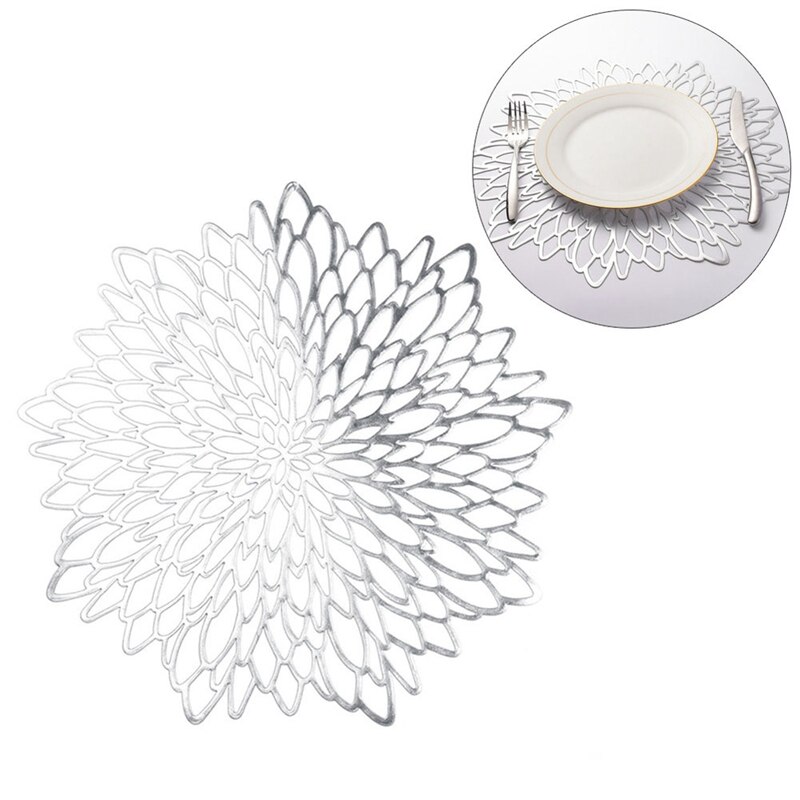 6PCS PVC Placemat for Dining Table Lace Round Embroidery table place mat Hollow Pad Coaster Pads Table Bowl Mats Gold Silver