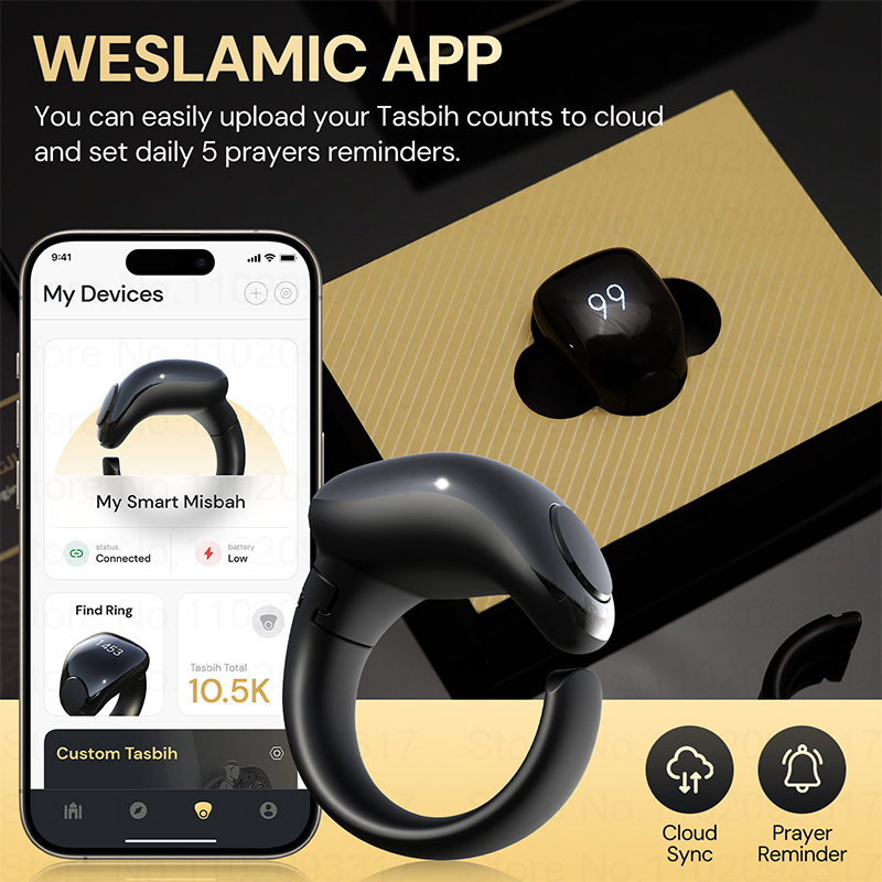Weslamic Smart Tasbeeh Zikr Ring Islamitische Tally Digitale Teller voor Moslims Lof Gebed Herinnering Magnetisch Opladen Waterdicht