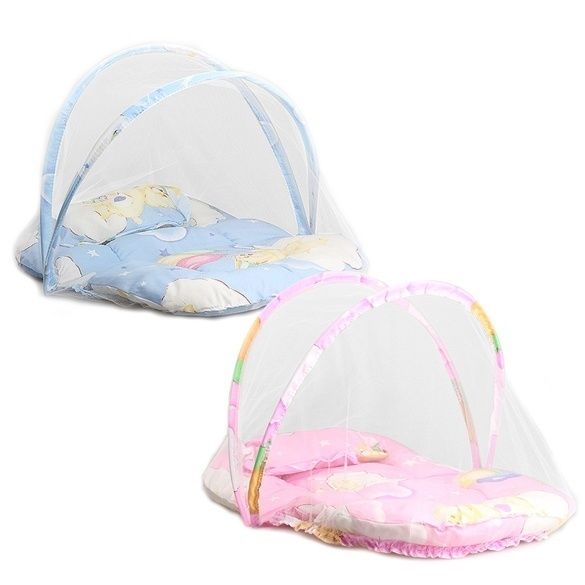 Pudcoco, cama de viaje plegable portátil para bebé, dosel de cuna, cómoda tienda de campaña y almohada de mosquitera de verano al aire libre, rosa y azul