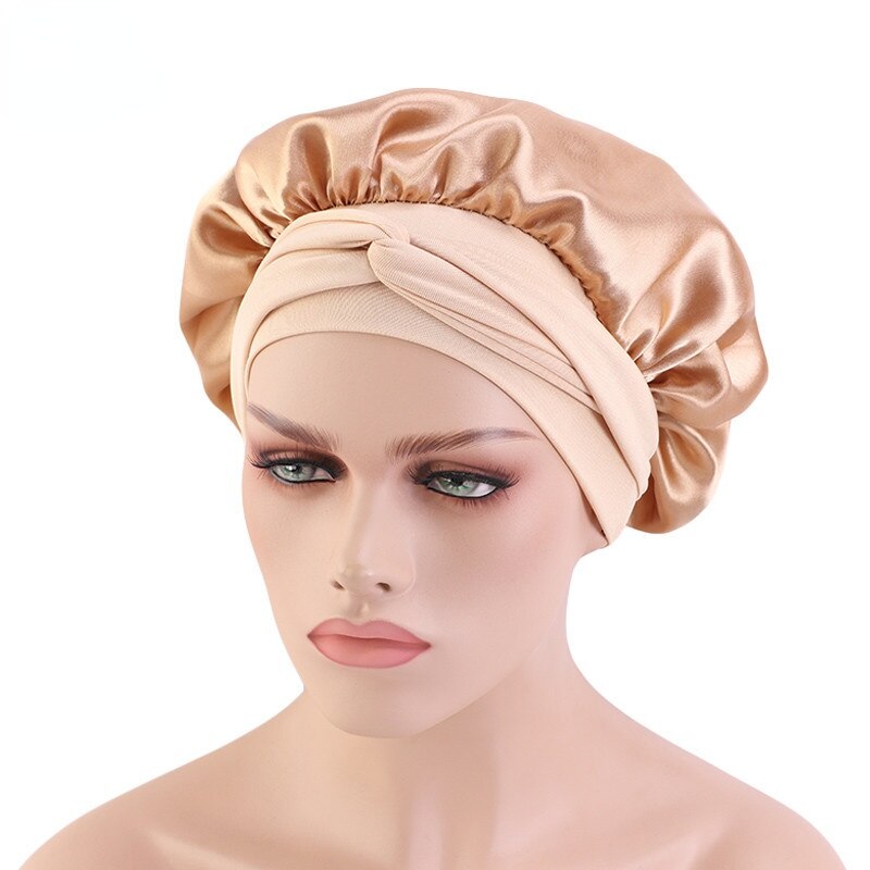 Gorro de dormir liso de satén para mujer y hombre, gorro para dormir de noche, para el cuidado del cabello, Unisex: champagne