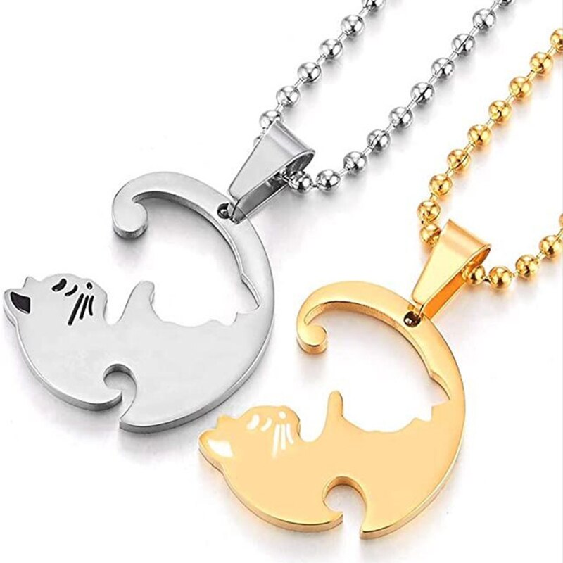 Paar Herz Halskette - Edelstahl - Tier Kat Anhänger - Trendy Schmuck Damen