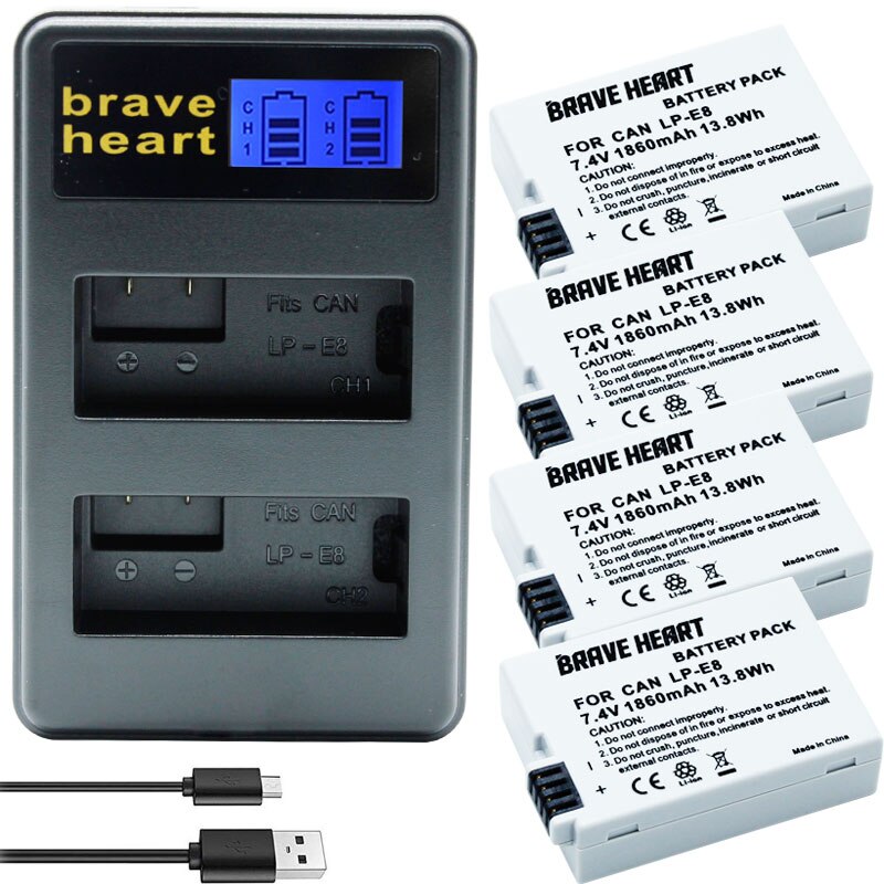 7.4v 1860 mah bateria lp  e8 batteri batteri akku + dubbel laddare för canon eos 550d 600d 650d 700d x4 x5 x6i x7i t2i t3i: Laddare och 4 batterier