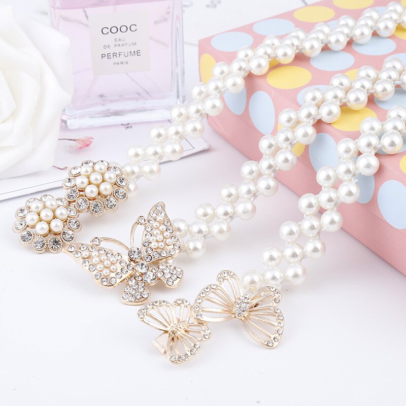 Mode Vrouwen Parel Riem Vlinder Strik Strass Elastische Taille Ketting Riem Vrouwelijke Dame Jurk Tailleband