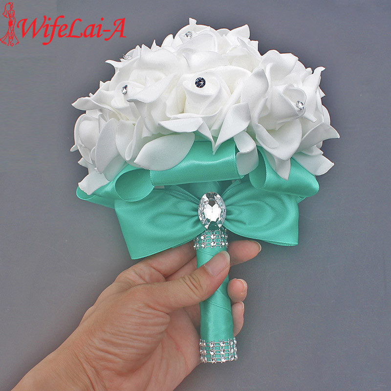 Tanie Prom Baby Blue broszka z kwiatem bukiet ślubny De Mariage bukiety ślubne PE róża diamentowa wstążka bukiet W2017D