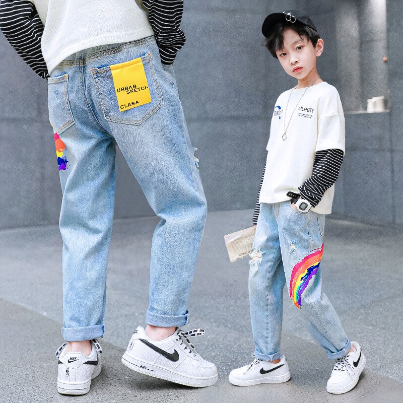 Kids Jeans Boys Clothes Rainbow Print Jeans Children Boys Denim Clothing Trend Long Bottoms Baby Boys Trousers