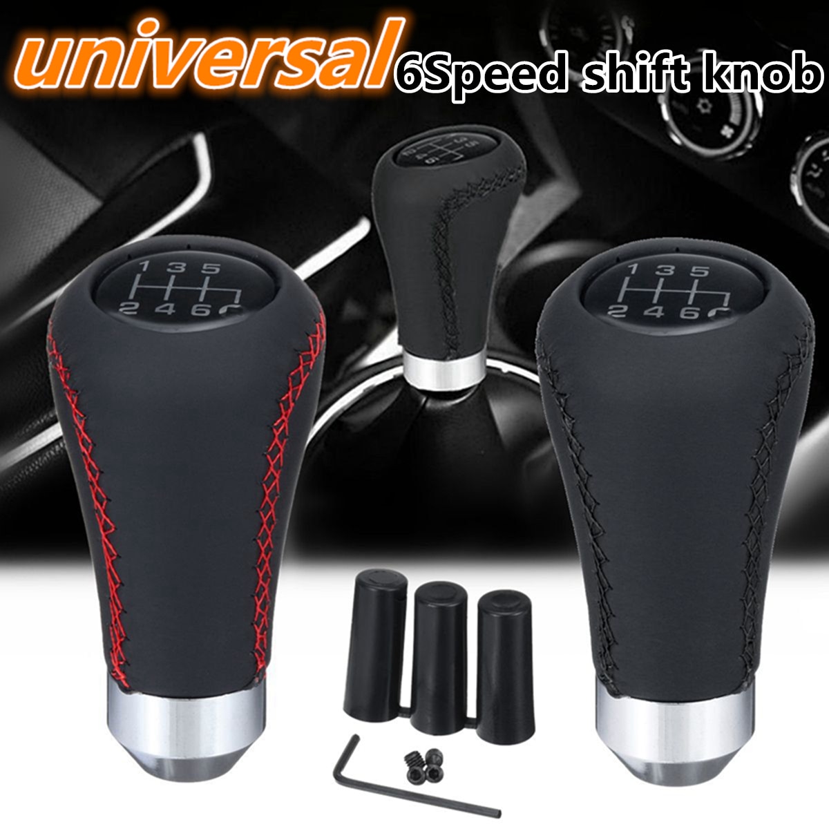 Universal Car Gear Shift Knob Head 6 Speed Manual Shifter Lever Stick Red Black Stitche PU Leather