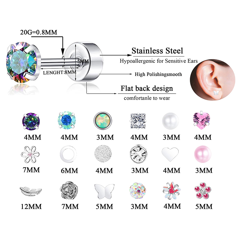 2PCS/Set Stainless Steel Heart Moon Earbone Stud Screw Ball Stud Earrings for Women Ear Tragus Cartilage Body Piercing