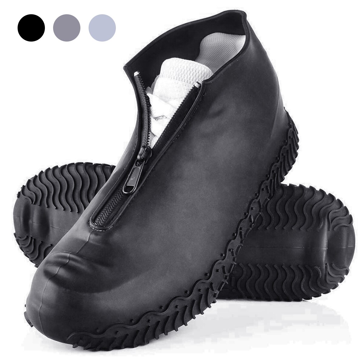 1 par anti-regn emulsions skoovertræk med lynlås bærbar genanvendelig tyk sål vandtæt fodtøj tilbehør beskyttende udendørs: Sort / M