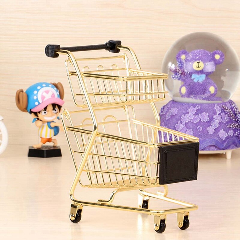 Mini Double Layers Shopping Cart Model Wrought Iron Supermarket Trolley Metal Rose Gold Storage Basket