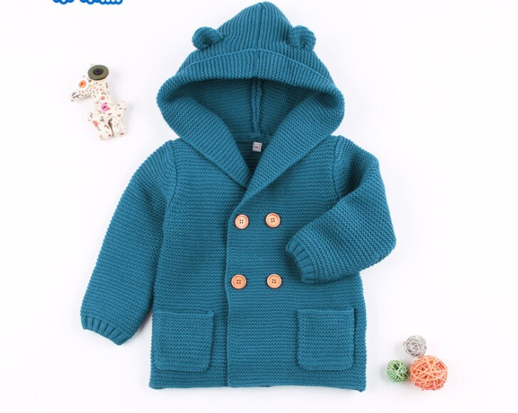 0-24M Babys Boy Girl Winter Autumn Sweater Long Sleeve Hooded Jacket Solid Cute Warm Knitting Coat