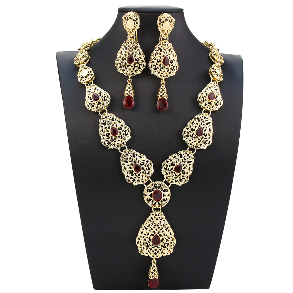 Algerije Marokko Sieraden Sets Lange Oorbel Ketting Set Voor Vrouwen Holle Arabesque Hanger Ketting Goud Kleur Bruid Sieraden: Licht Geel Goud Kleur