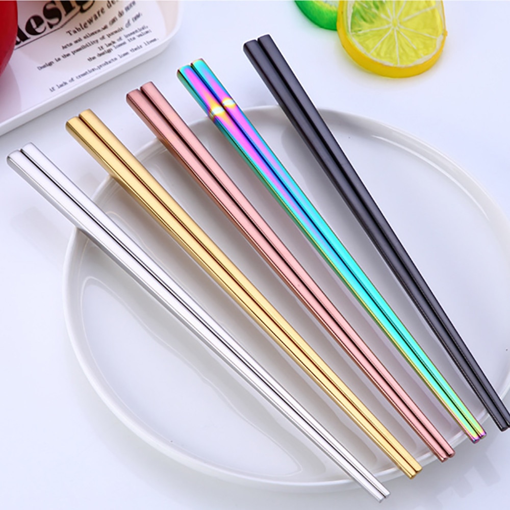 1 Pair 23cm Length Square Chopsticks Stainless Steel Titanium Gold Rose Gold Sushi Colorful Chopsticks #50g